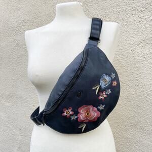 David Jones Black Faux Leather Chest Belt Bag Embroidered Flowers